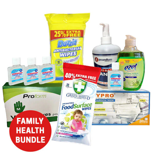 Family Protection Health Bundle Kit: Antibacterial Hand Wash, Wipes, Masks, Gloves.